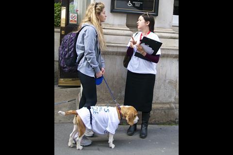 Dog in a protest T-shirt, London legal walk 2015